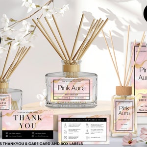 Editable Reed Diffuser Template, DIY Canva Product Labels, Room Fragrance Sticker, Oil Diffuser Care Card, Box Packaging Design, Pink, CBP1