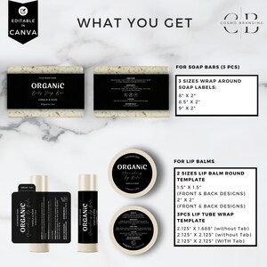 May include: An image showcasing organic body soap and lip balm packaging templates. The soap labels are black with white text, and the lip balm labels are white with black text. The image includes dimensions for soap labels and lip balm templates.