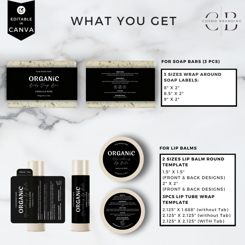 May include: An image showcasing organic body soap and lip balm packaging templates. The soap labels are black with white text, and the lip balm labels are white with black text. The image includes dimensions for soap labels and lip balm templates.