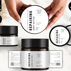 Editable Jar Label Templates, Cosmetic Product Label, DIY Canva Design, Body Skincare Brand, Round Tin Labels, Jar Lid Sticker, White, CBW9