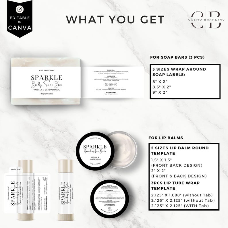 K&ouml;nnte beinhalten: Layout f&uuml;r Produktdesign mit Verpackungsvorlagen. Enth&auml;lt Seifenetiketten in drei Gr&ouml;&szlig;en: 20,3 cm x 5,1 cm, 21,6 cm x 5,1 cm und 22,9 cm x 5,1 cm. Ebenfalls enthalten sind Vorlagen f&uuml;r Lippenbalsam.