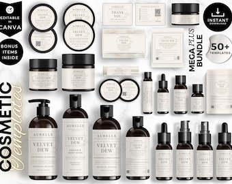 Pode incluir: Uma coleção de modelos cosméticos com a marca "Velvet Dew". A imagem mostra vários produtos, incluindo manteiga corporal, shampoo, gel de banho e condicionador, em frascos e potes castanhos escuros com rótulos brancos. O texto "Editable in Canva" e "Bonus Items Inside" é visível.