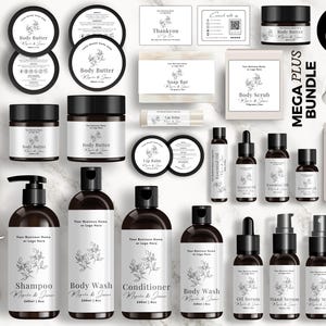 May include: A collection of cosmetic templates with a minimalist design. The set includes bottles, jars, and labels for products like body butter, shampoo, and oil serum. The labels feature botanical illustrations and the text "Cosmetic Templates". The image also includes the text "Editable in Canva".