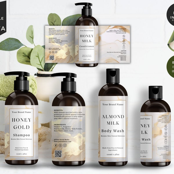 Luxury Elegant Shampoo Bottle Label Template Set, Canva Editable Lotion & Conditioner Labels, CBW1