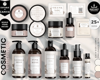 Puede incluir: Un conjunto de más de 25 plantillas de etiquetas de productos cosméticos para Canva. Las plantillas presentan una variedad de productos, incluyendo champú, acondicionador, gel de ducha, manteca corporal batida y aceite esencial. Las etiquetas están diseñadas en un estilo minimalista con una combinación de colores marrón y blanco y presentan ilustraciones botánicas. El texto en las etiquetas incluye el nombre del producto, el nombre de la marca y la descripción del producto.