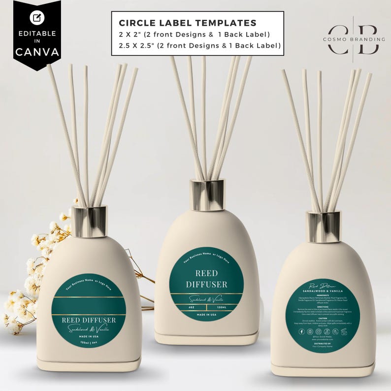 May include: Three cream-colored reed diffusers with silver collars and white reeds. Each diffuser has a teal label with white text. The labels read "Reed Diffuser" and "Sandalwood & Vanilla". The image includes text that says "Circle Label Templates" and "Editable in Canva".