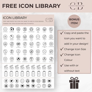 May include: A digital graphic with the text "FREE ICON LIBRARY" and "ICON LIBRARY". The image features a collection of icons related to skincare and beauty, along with social media icons and a gift box graphic.