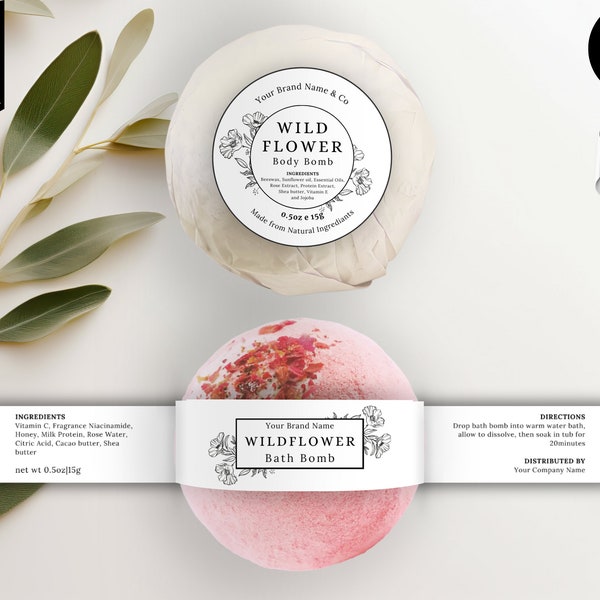 Bath Bomb Labels, Soap Label Template, Cosmetic Label Templates, DIY Canva, Skincare Label Template, Product Labels, Floral, White, CBF1