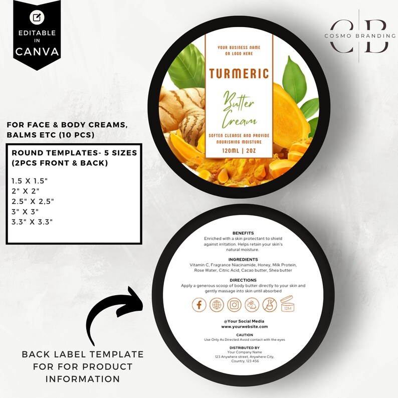 Tumeric Labeles Editable Jar Label Templates, DIY Cosmetic Product Canva Label Design ...