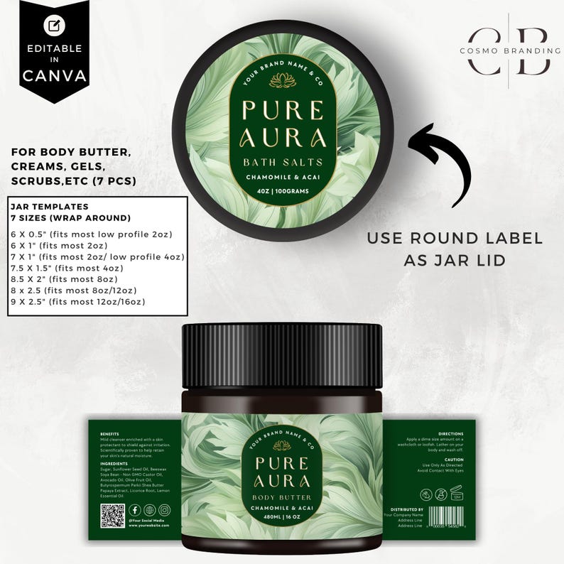 Botanical Wellness Jar Label Template Bundle, Canva Editable Jar Lid ...