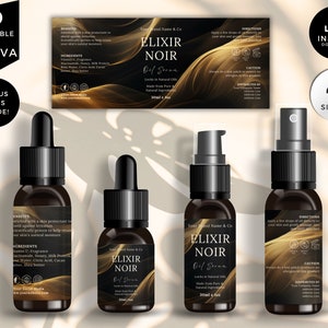 May include: Four glass bottles with black caps and labels. The labels are black with gold accents and the text "Elixir Noir" in white. The bottles are 30 ml each. The bottles are on a white background with a gold and black abstract design.