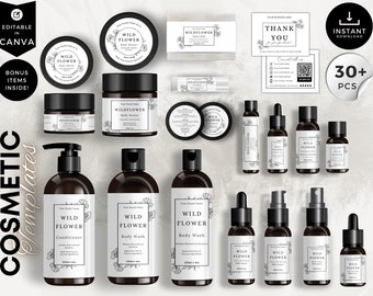 Editable Cosmetic Label Templates, Custom Body Soap Product Label, DIY Skincare Design, Beauty Sticker, Bottle and Jar Labels, White, CBF1