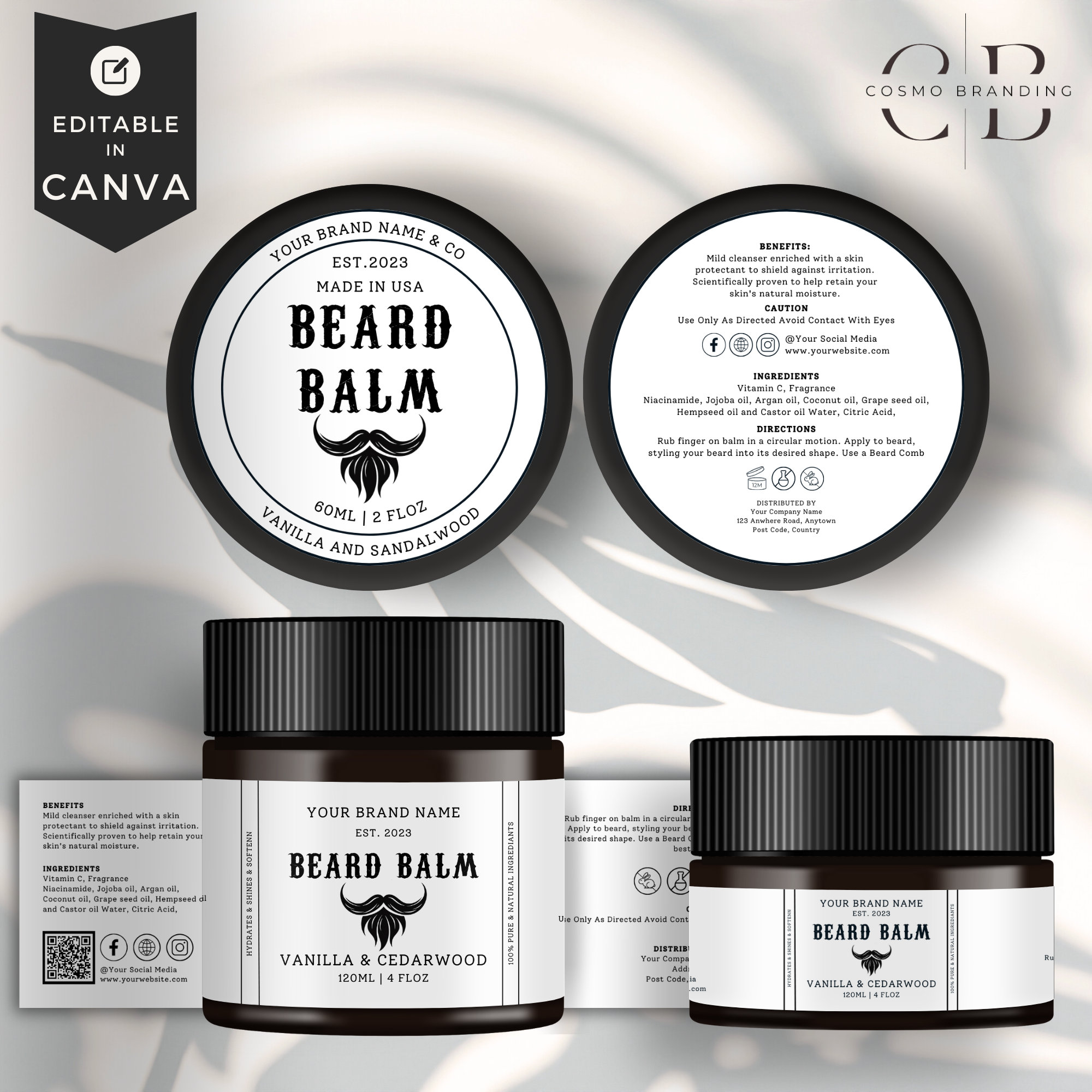 Jar Label Template, White, Men Care Designs, Editable Beard Product ...