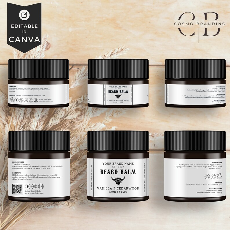 Jar Label Template, White, Men Care Designs, Editable Beard Product ...