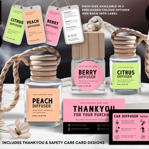 May include: Car diffuser bundle templates with various scents, including Citrus, Peach, and Berry. Each bottle has a wooden top and a label with the scent name. Includes thank you and safety care card designs. Available in 14 sizes.