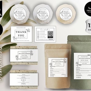 Bath Product Labels, Cosmetic Label Templates, Soap Labels, Pouch Labels, Skincare Label Template, Spa Product Labels, White, Floral, CBF1