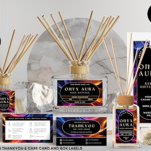 May include: A product display featuring Onyx Aura reed diffusers with wooden reeds. The clear glass bottles have labels with a colorful design and the text "Honey Champagne". Includes thank you and care cards, and box labels.