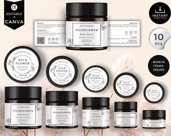 Szablony etykiet na słoiki, białe, kwiatowe, edytowalny szablon kosmetyczny, szablon Canva Skincare, etykiety produktów do ciała, okrągła etykieta, CBF1