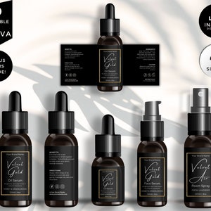 May include: Four black glass bottles with gold labels and droppers. The labels feature the text "Velvet Gold" and "Oil Serum" or "Face Serum". The bottles are displayed on a white background with shadows.