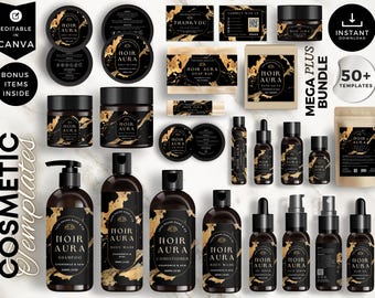 May include: A set of 50+ cosmetic product label templates featuring a black and gold marble design with the text "Noir Aura". The templates are editable in Canva and include a variety of product types, such as shampoo, conditioner, body wash, and bath salts.