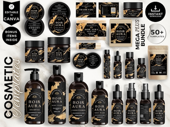 Editable Cosmetic Labels, Cosmetic Label Templates, DIY Skincare Labels, Canva Template, Bottle & Jar Labels, Luxury, Black, CBB9