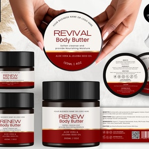 Editable Jar Label Templates, Cosmetic Product Label, DIY Canva Design, Body Skincare Brand, Round Tin Labels, Jar Lid Sticker, Red, CBA5