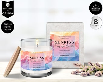 Puede incluir: Una vela de vidrio transparente con tapa de madera, etiquetada como "SUNKISS Soy Wax Candle, Peach & Mango". La vela está junto a una caja con una etiqueta a juego. La etiqueta indica un tamaño de 237 gramos y 40 horas de tiempo de combustión. También incluye el texto "Editable in Canva".