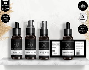 Clean Beauty Oil Dropper Label Template Set, Canva Editable Serum & Mist Labels, CB6