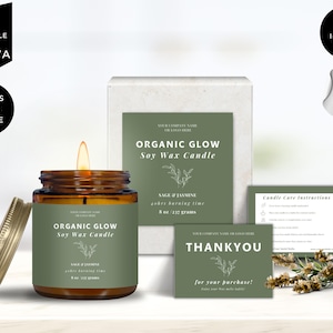 May include: A green and white label with the text "Organic Glow Soy Wax Candle" and "Sage & Jasmine 40hrs burning time 8 oz / 237 grams". A brown glass candle jar with a gold lid and a lit candle inside. The candle jar has a green and white label with the text "Organic Glow Soy Wax Candle" and "Sage & Jasmine 40hrs burning time 8 oz / 237 grams".