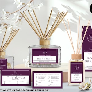 Op de afbeelding: Afbeelding van rietverspreiders in heldere glazen flessen met houten rietjes. De flessen hebben paarse etiketten met witte tekst. De afbeelding bevat een doos, een bedankkaart en verzorgingsinstructies. De tekst bevat "Reed Diffuser".