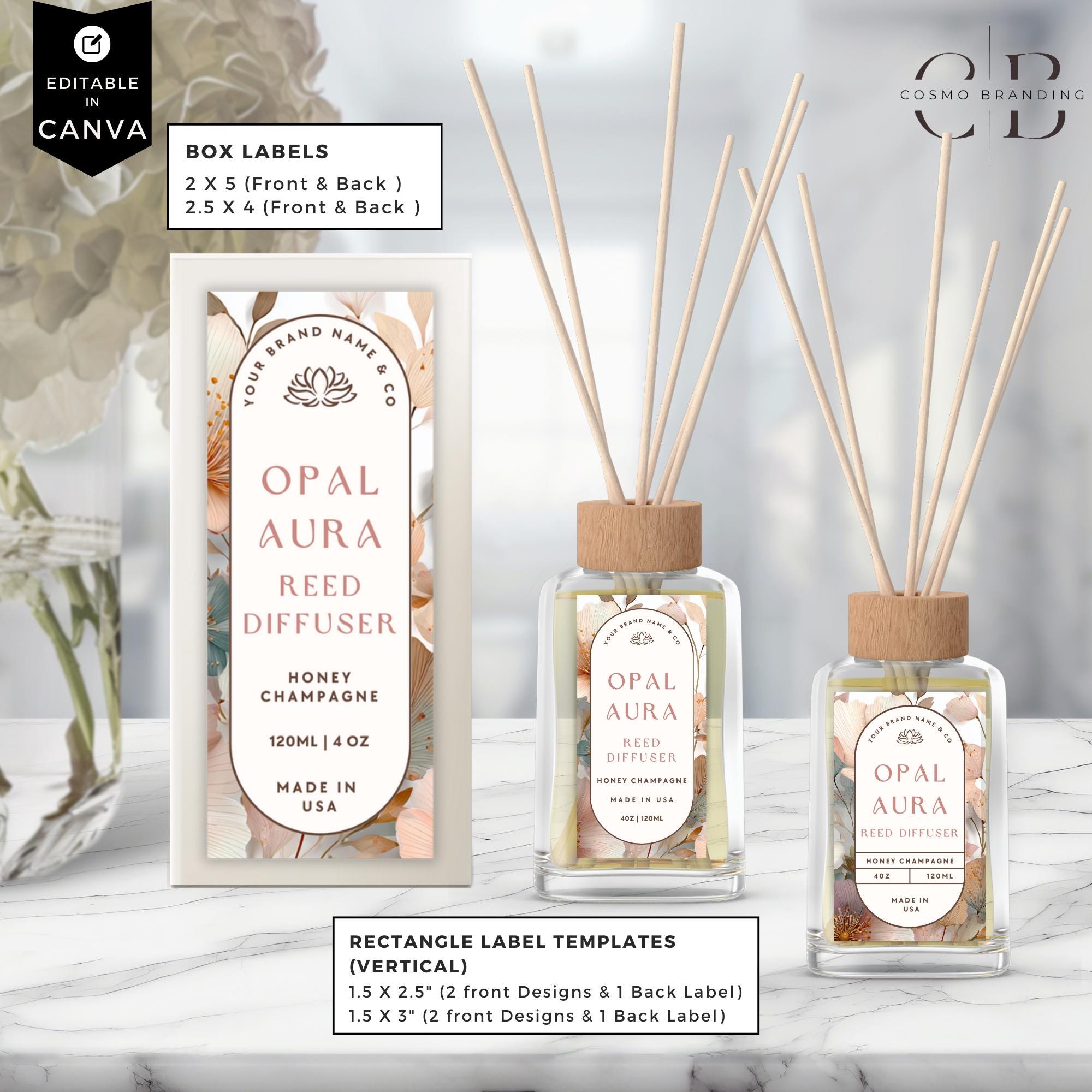 Reed Diffuser Rectangular Label Editable Reed Diffuser Template, DIY Canva Product Labels, Room ...