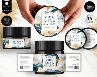 May include: A black jar with a white label featuring a blue and gold abstract design. The label reads "VIBE AURA Body Butter Chamomile & Acai 425g/15 oz".