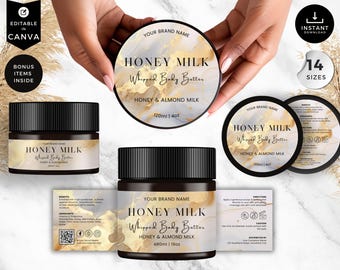 May include: A set of three labels for honey and almond milk whipped body butter. The labels feature a marbleized background with gold accents. The text on the labels reads "Honey Milk Whipped Body Butter Honey & Almond Milk" with the size of the product in ounces and milliliters.