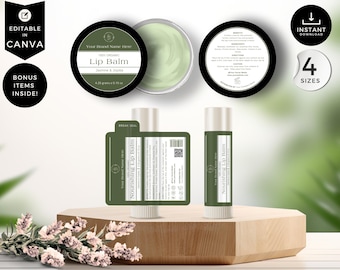 May include: An assortment of lip balm products, including a jar and two tubes, displayed on a wooden stand. The lip balm is labeled "Jasmine & Jojoba" and "Nourishing Lip Balm". The packaging is olive green with white text. The image also includes text that says "Editable in Canva" and "Bonus Items Inside!"