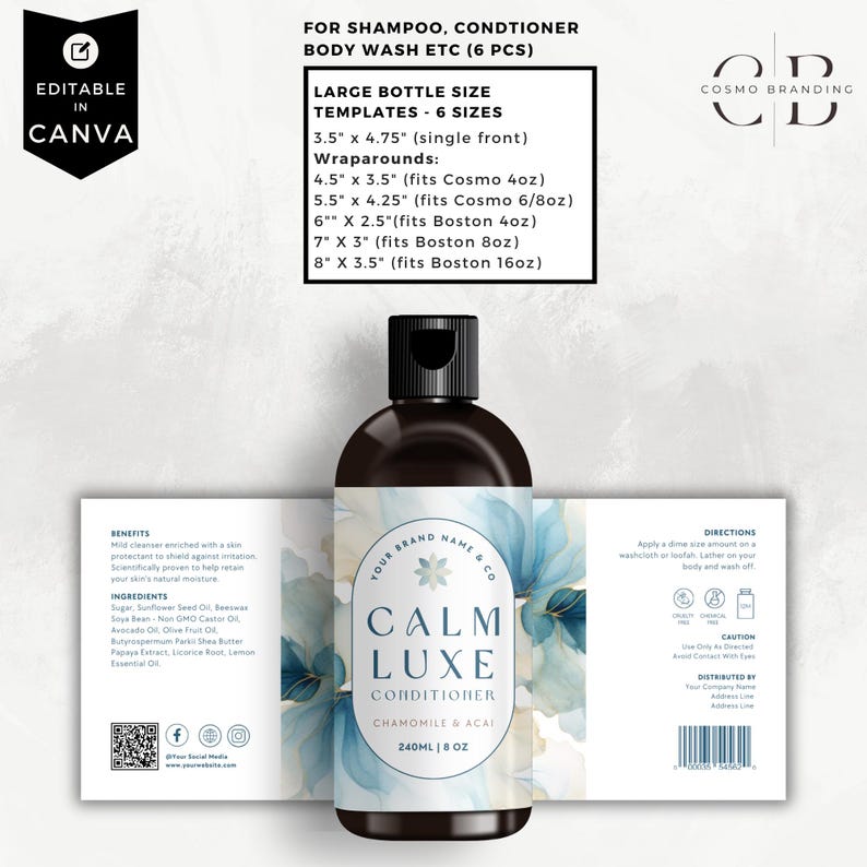 Luxury Elegant Shampoo Bottle Label Template Set, Canva Editable Lotion ...