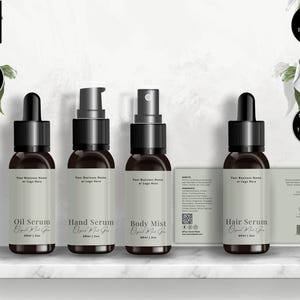 May include: Four brown glass bottles with black caps and labels, labeled "Oil Serum", "Hand Serum", "Body Mist", and "Hair Serum". The image includes text that says "Editable in Canva", "Bonus Items Inside", "Instant Download", and "Suitable for 1oz, 2oz & 4oz".