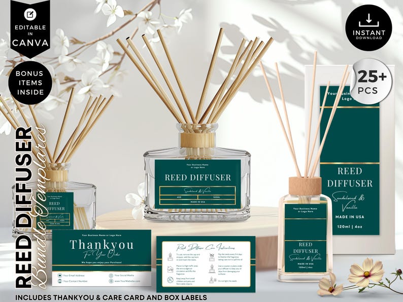 May include: A collection of reed diffusers with wooden reeds, displayed with thank you cards and box labels. The diffusers have a dark teal label with gold accents. The text on the label reads "Reed Diffuser" and "Sandalwood & Vanilla".