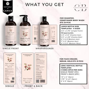May include: An image showcasing cosmetic product label templates. The design includes labels for body wash and face cream, with options for single front and wraparound designs. The labels feature a floral design and the text "What You Get".
