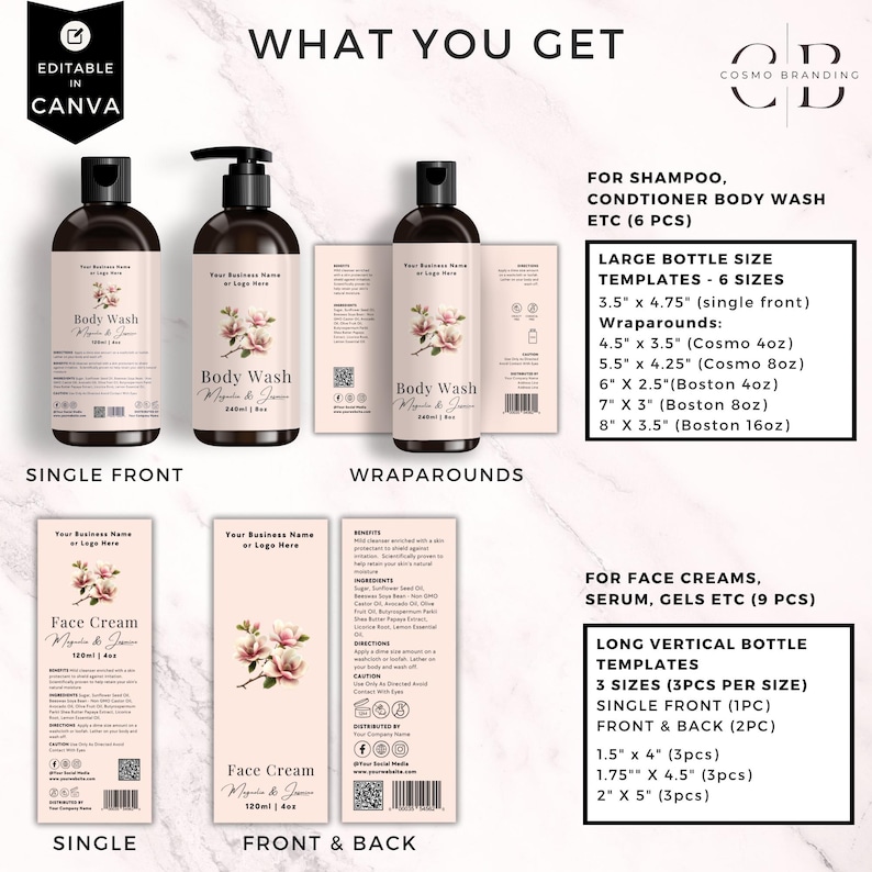 May include: An image showcasing cosmetic product label templates. The design includes labels for body wash and face cream, with options for single front and wraparound designs. The labels feature a floral design and the text "What You Get".