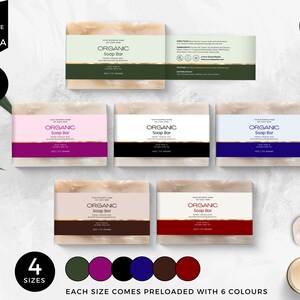 May include: An assortment of organic soap bars with various colored labels, including green, pink, black, blue, brown, and red. Each bar is labeled with "Organic Soap Bar" and the weight of 4 oz / 113 grams. The image also includes text that says "Editable in Canva" and "Bonus Items Inside!"