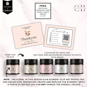 May include: A mockup featuring body butter jars and matching thank you cards. The cards have floral designs and the text "Thankyou For Your Order". The jars are labeled "Body Butter" with floral accents. The image includes text that says "Editable in Canva".