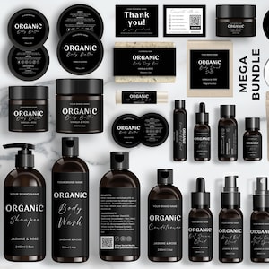 May include: A collection of black cosmetic product containers with white text, including body butter, soap, shampoo, and body wash. The products are labeled "Organic" and "Jasmine & Rose." The image also includes the text "Editable in Canva" and "Bonus Items Inside."