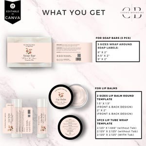 May include: A graphic design template with editable text for soap bars and lip balms. Includes three sizes of soap labels: 8" x 2", 8.5" x 2", and 9" x 2". Also includes two sizes of lip balm round templates and lip tube wrap templates.