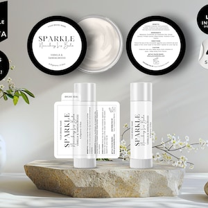 Modelo de rótulo para protetor labial, rótulo editável para protetor labial, rótulo para gloss labial Canva faça você mesmo, rótulos personalizados para latas de batom, rótulos para embalagens de produtos labiais, branco, CBW3