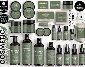 May include: A collection of 50+ cosmetic product label templates in a green and brown color scheme. The templates feature the text "Organic Glow" and are designed for use with various products, including body butter, body wash, shampoo, conditioner, and serum.