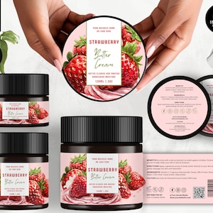 Editable Jar Label Templates, DIY Cosmetic Product Canva Label Design, Body Skin Brand, Round Tin Labels, Jar Lid Sticker, Strawberry, CBS5