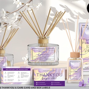 May include: Purple Passion Reed Diffuser label template with a marble design in shades of purple, yellow, and white. The label includes the text "Purple Passion Reed Diffuser" and "4oz | 120ml | Made in USA". The template also includes a thank you card and a reed diffuser care instructions card.
