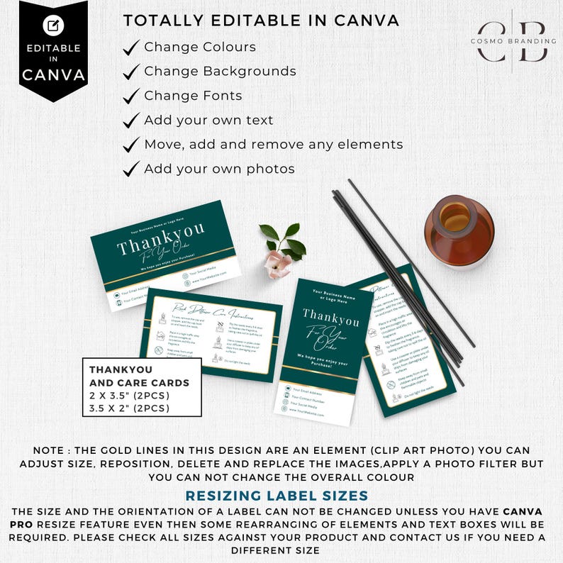 May include: A promotional image showcasing editable Canva templates for thank you and care cards. The cards are dark teal with gold accents, featuring the text "Thankyou F.Y.O." and various sizes: 2 x 3.5 inches and 3.5 x 2 inches. The image also includes a small vase and incense sticks.