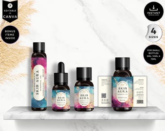 Etiquetas editables para aceites esenciales, etiquetas para botellas con roll-on, 5 ml, 10 ml, 15 ml, plantillas editables para botellas, etiquetas editables para productos Canva, crema, CBV3