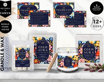 Puede incluir: Un conjunto de etiquetas para velas y fundidos de cera con un diseño floral. Las etiquetas presentan el texto "Eden Aura" y "Soy Wax Melts" en letras doradas. Las etiquetas están rodeadas de un patrón floral azul y blanco. Las etiquetas también están disponibles en 12+ tamaños.